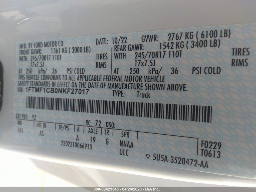 VIN 1FTMF1CB0NKF27017 2022 FORD F-150 XL/XLT