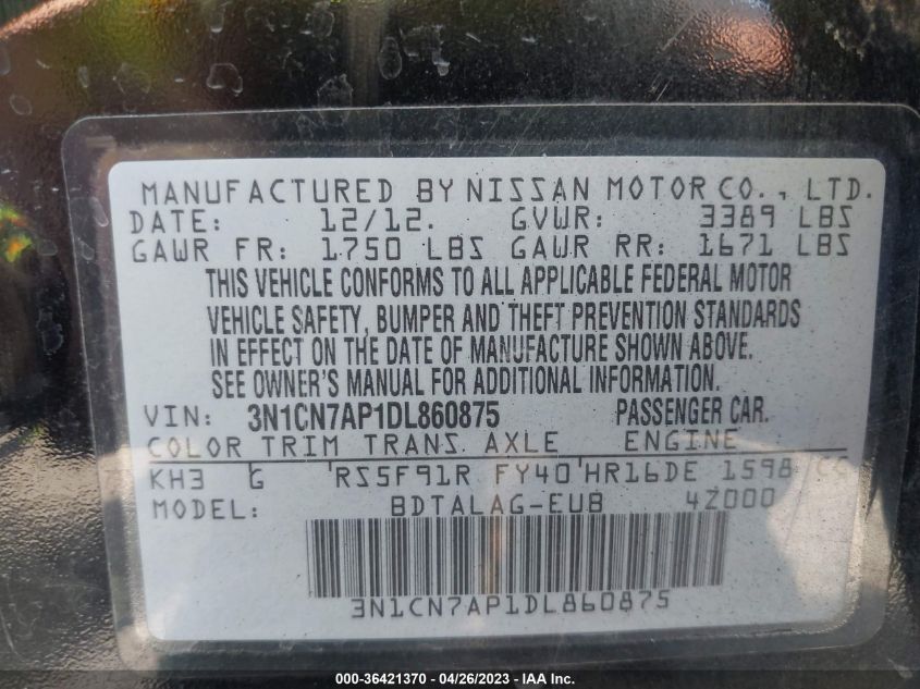 2013 NISSAN VERSA S - 3N1CN7AP1DL860875