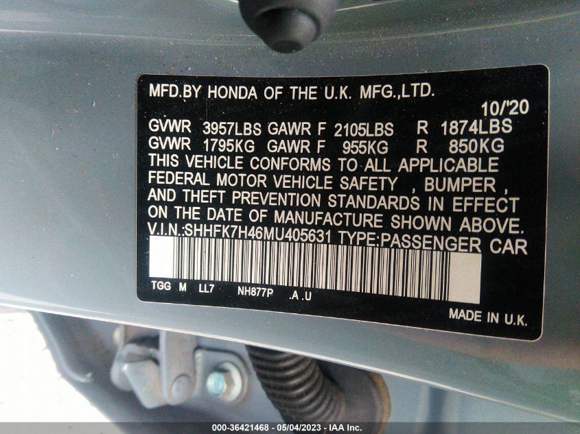 2021 HONDA CIVIC HATCHBACK SPORT - SHHFK7H46MU405631