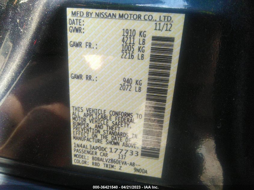 2013 NISSAN ALTIMA 2.5 SL - 1N4AL3AP0DC177733