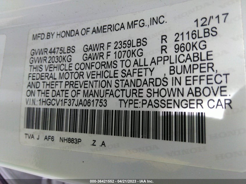 VIN 1HGCV1F37JA061753 2018 HONDA ACCORD SEDAN SPORT 1.5T