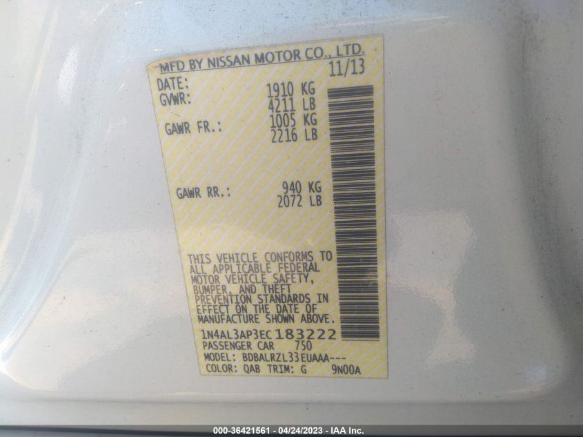 2014 NISSAN ALTIMA 2.5 S - 1N4AL3AP3EC183222