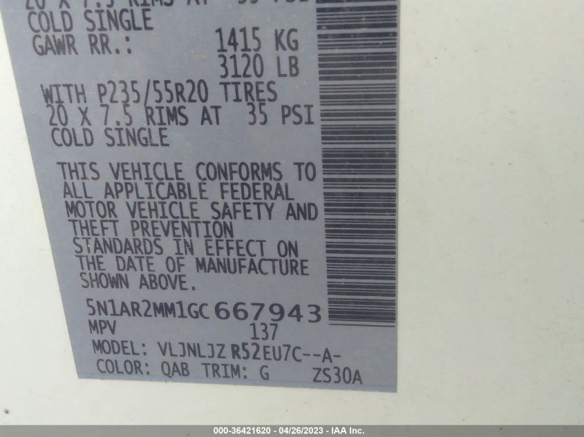 2016 NISSAN PATHFINDER PLATINUM - 5N1AR2MM1GC667943