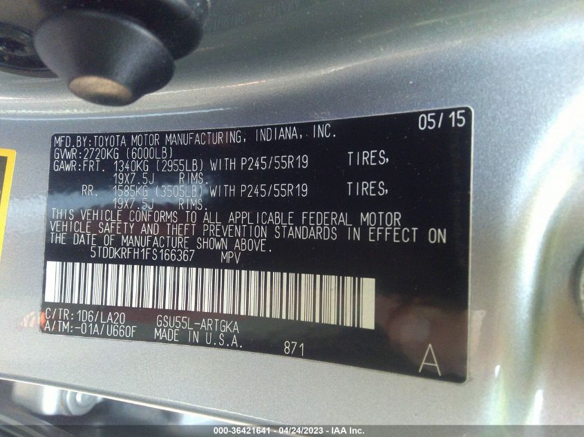 2015 TOYOTA HIGHLANDER LIMITED - 5TDDKRFH1FS166367