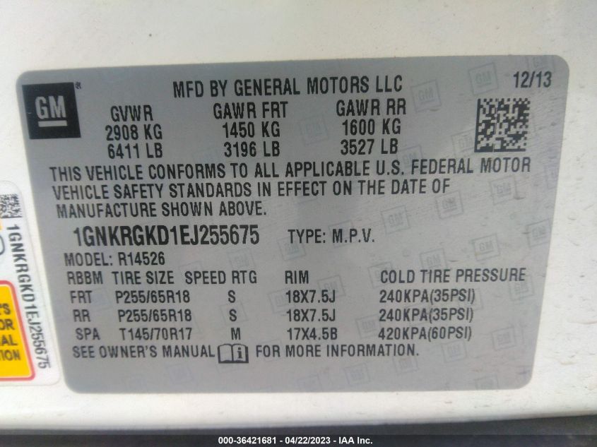 2014 CHEVROLET TRAVERSE LT - 1GNKRGKD1EJ255675
