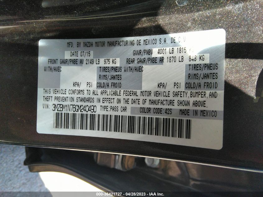 2016 MAZDA MAZDA3 I GRAND TOURING - 3MZBM1N76GM240490