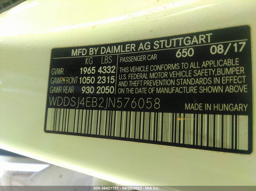 VIN WDDSJ4EB2JN576058 2018 MERCEDES-BENZ CLA CLA 250