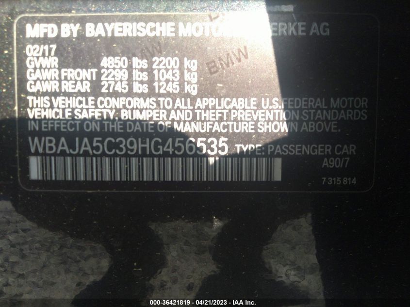 2017 BMW 5 SERIES 530I - WBAJA5C39HG456535