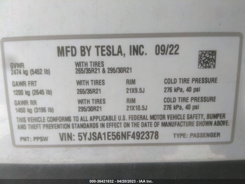VIN 5YJSA1E56NF492378 2022 TESLA MODEL S