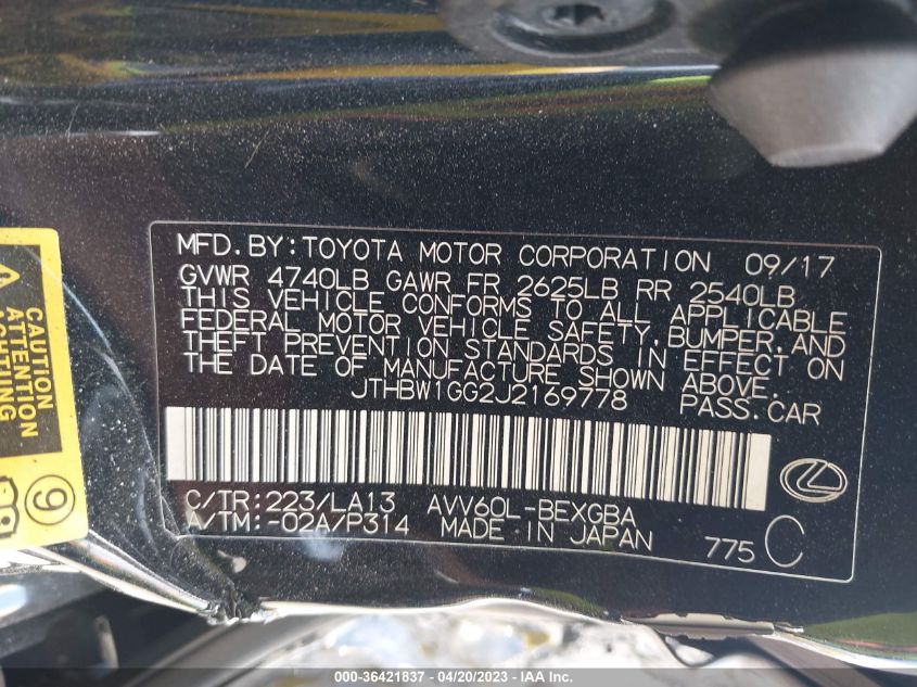 2018 LEXUS ES ES 300H - JTHBW1GG2J2169778