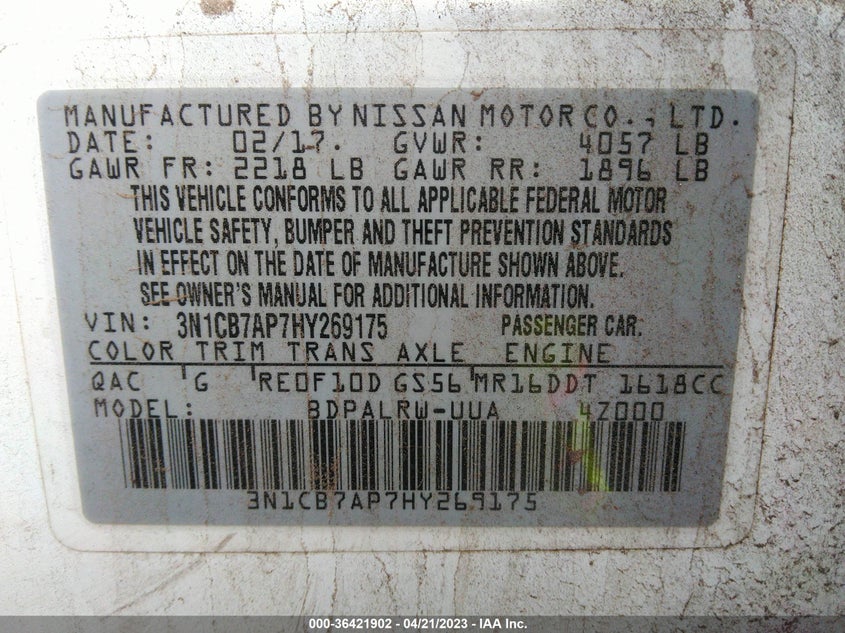 VIN 3N1CB7AP7HY269175 2017 NISSAN SENTRA SR TURBO