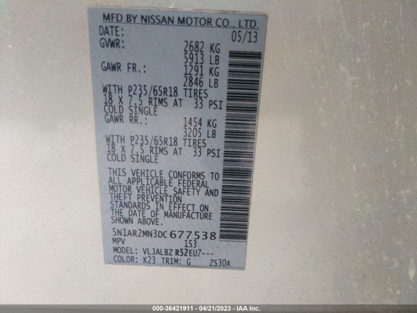2013 NISSAN PATHFINDER S - 5N1AR2MN3DC677538