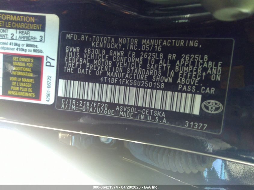 2016 TOYOTA CAMRY XLE/SE/LE/XSE - 4T1BF1FK5GU250158
