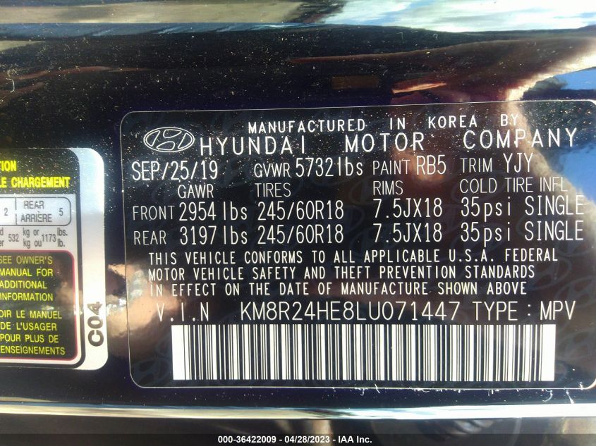 VIN KM8R24HE8LU071447 2020 HYUNDAI PALISADE no.9