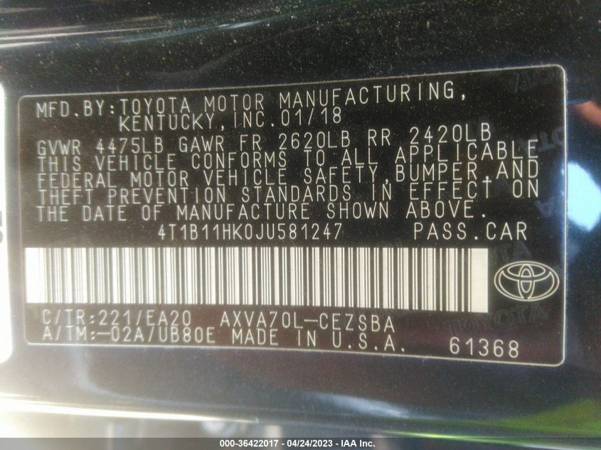 2018 TOYOTA CAMRY LE/SE/XLE/L - 4T1B11HK0JU581247