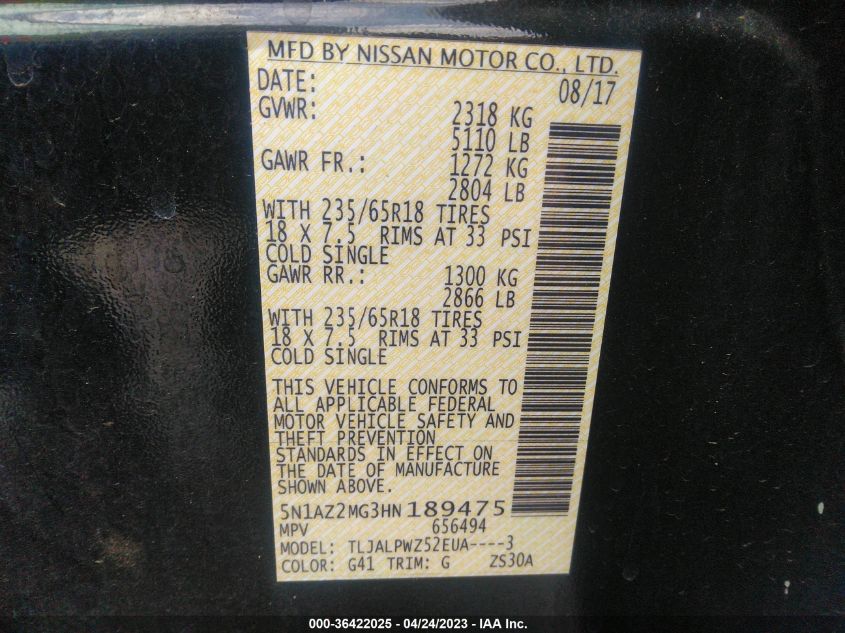 2017 NISSAN MURANO S - 5N1AZ2MG3HN189475