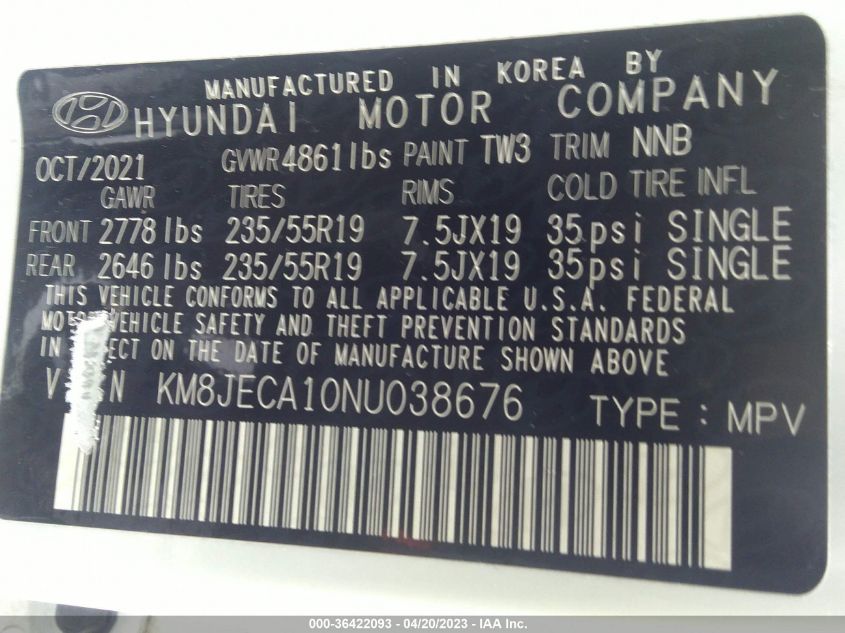 2022 HYUNDAI TUCSON HYBRID LIMITED KM8JECA10NU038676