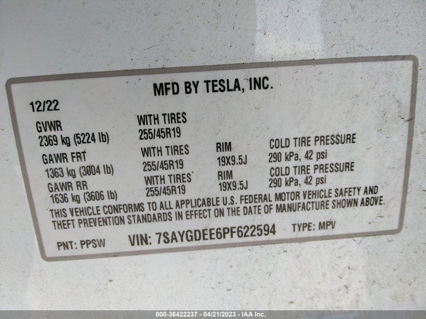VIN 7SAYGDEE6PF622594 2023 TESLA MODEL Y LONG RANGE