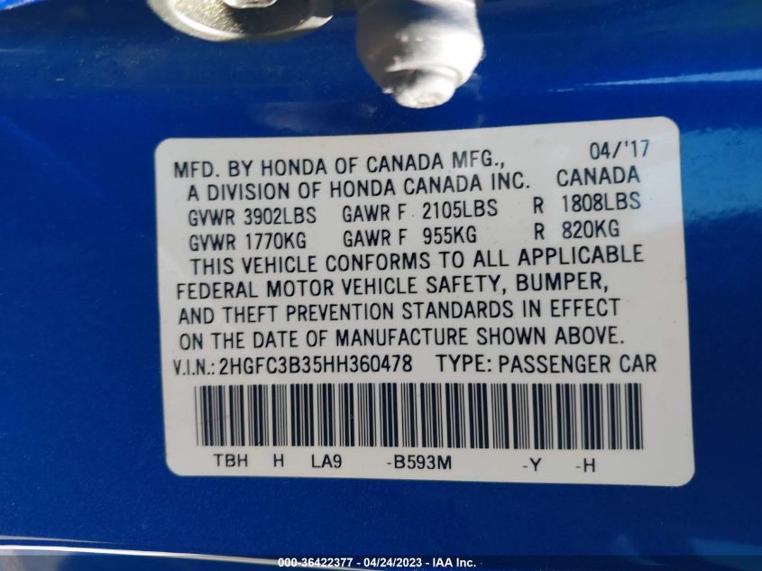 2017 HONDA CIVIC COUPE EX-T - 2HGFC3B35HH360478