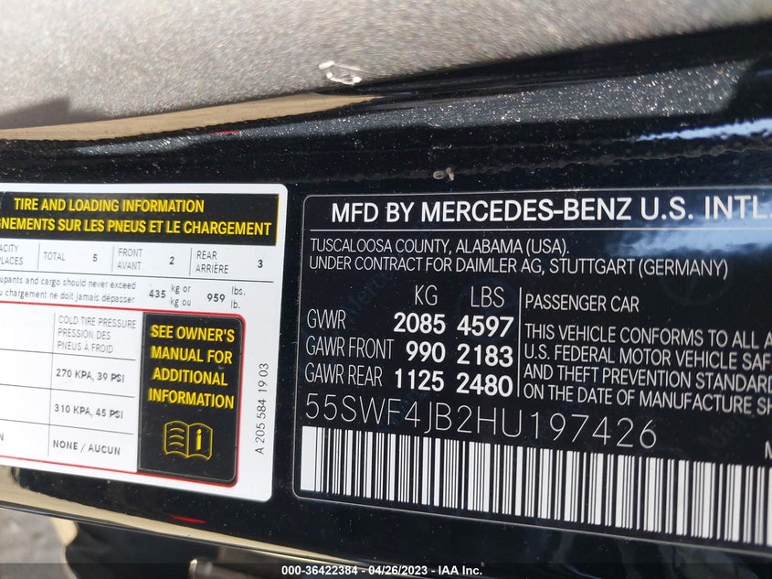 VIN 55SWF4JB2HU197426 2017 MERCEDES-BENZ C-CLASS C 300