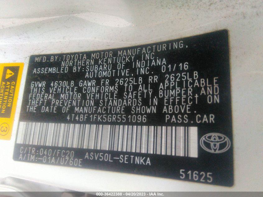 2016 TOYOTA CAMRY XLE/SE/LE/XSE - 4T4BF1FK5GR551096