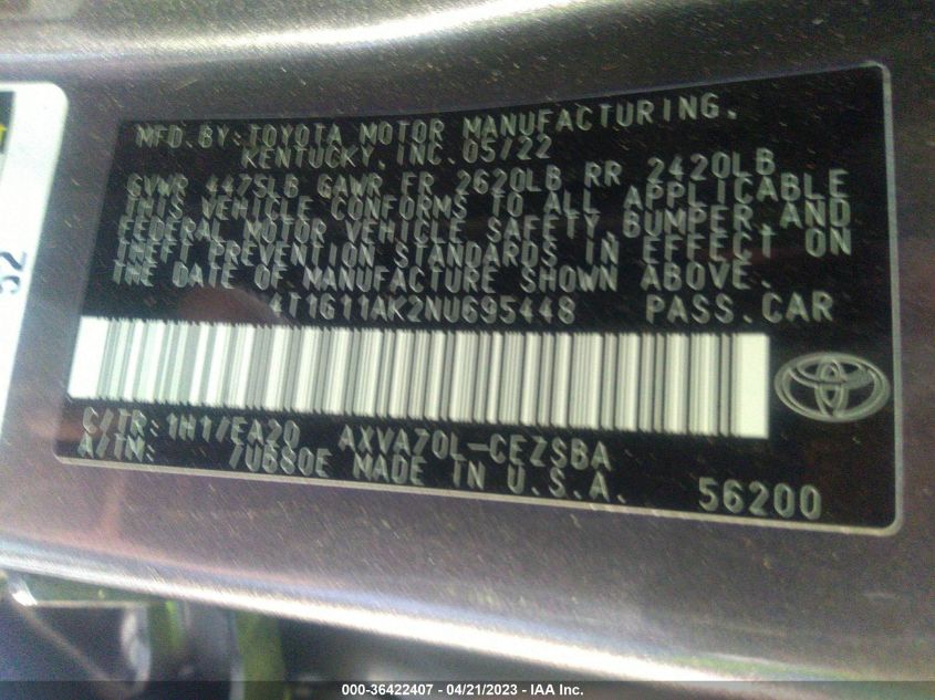 2022 TOYOTA CAMRY SE - 4T1G11AK2NU695448
