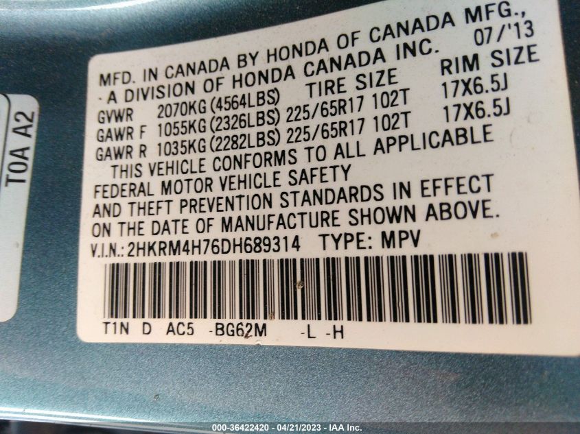 2013 HONDA CR-V EX-L - 2HKRM4H76DH689314