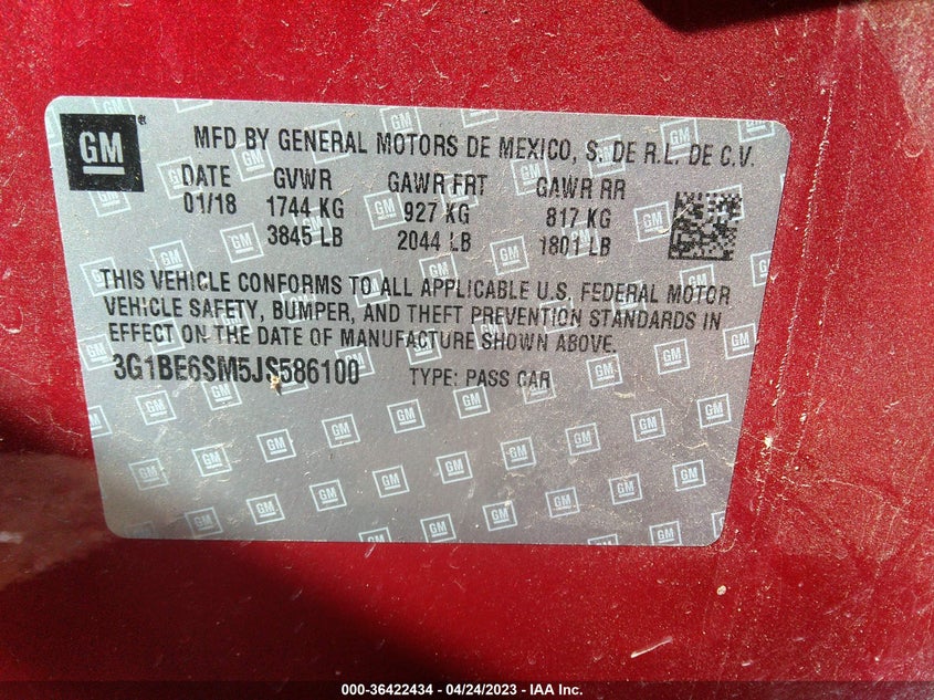 VIN 3G1BE6SM5JS586100 2018 CHEVROLET CRUZE LT