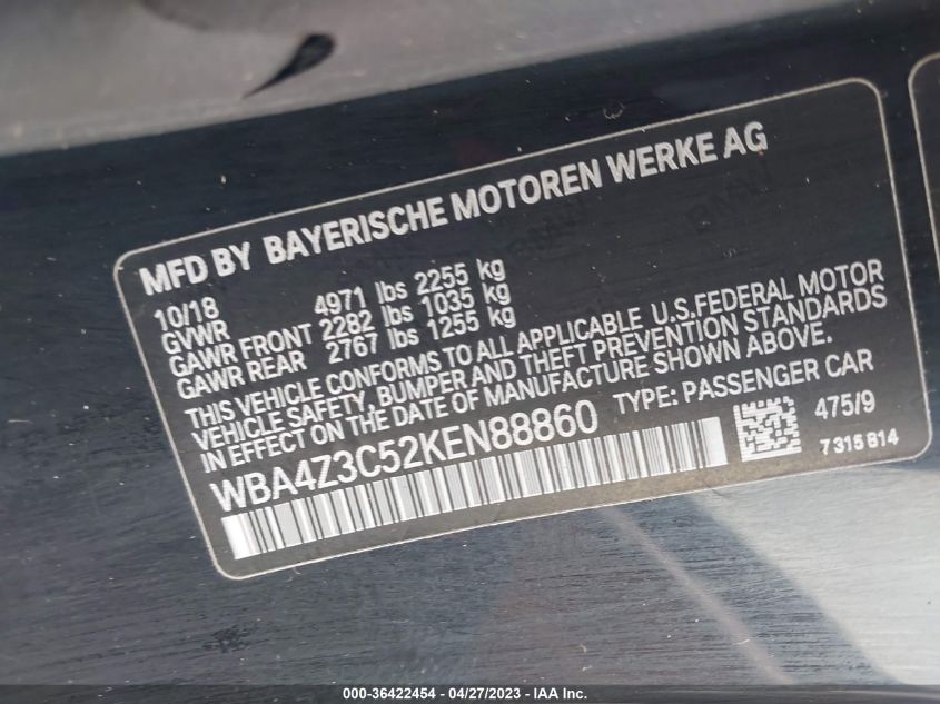 2019 BMW 4 SERIES 430I XDRIVE - WBA4Z3C52KEN88860