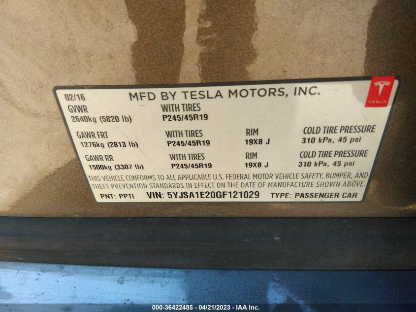 2016 TESLA MODEL S 90D/70D/75D/60D/85D - 5YJSA1E20GF121029