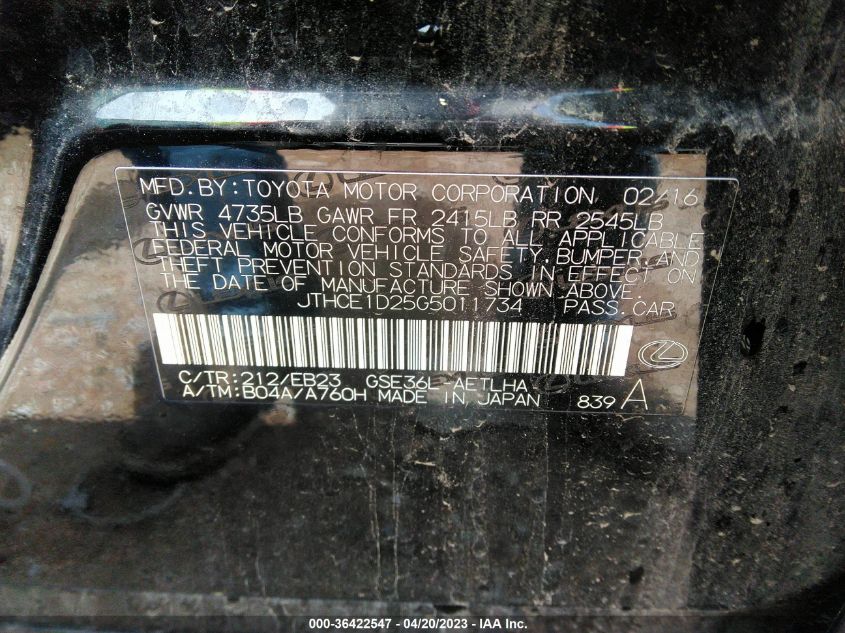 2016 LEXUS IS 350 JTHCE1D25G5011734