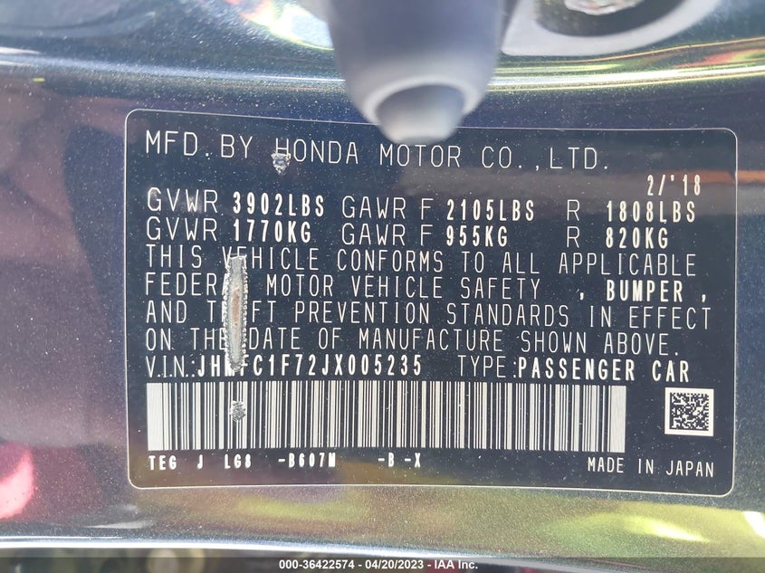 VIN JHMFC1F72JX005235 2018 HONDA CIVIC SEDAN EX-L