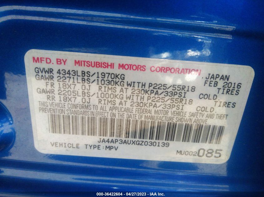 2016 MITSUBISHI OUTLANDER SPORT 2.0 ES - JA4AP3AUXGZ030139