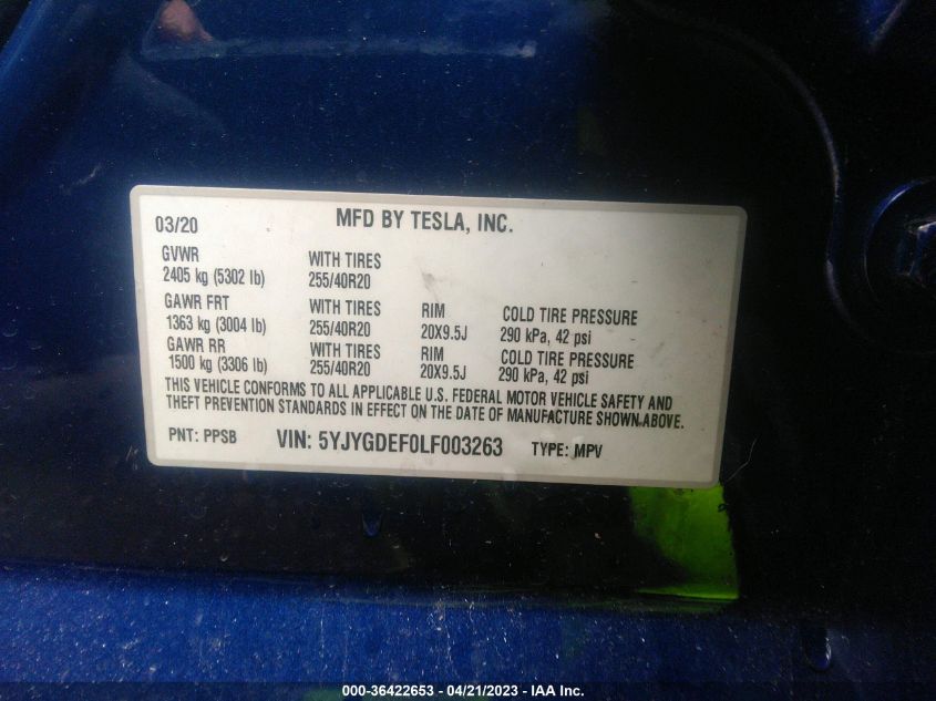 2020 TESLA MODEL Y LONG RANGE - 5YJYGDEF0LF003263