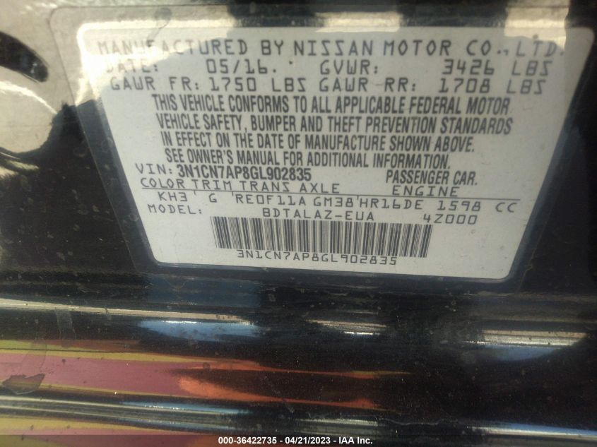 2016 NISSAN VERSA S PLUS - 3N1CN7AP8GL902835