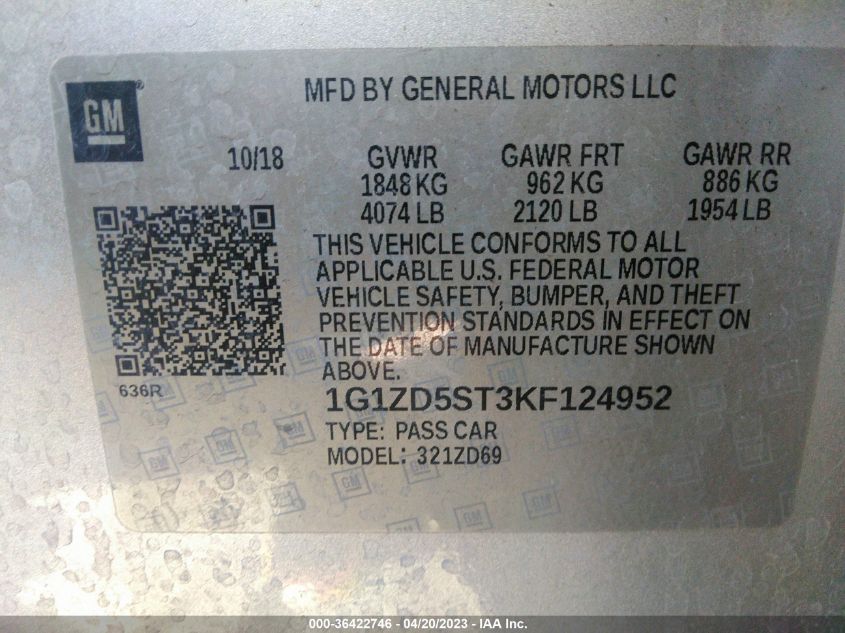 2019 CHEVROLET MALIBU LT - 1G1ZD5ST3KF124952
