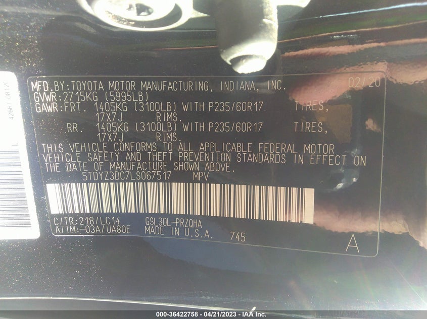 VIN 5TDYZ3DC7LS067517 2020 TOYOTA SIENNA XLE AUTO ACCESS