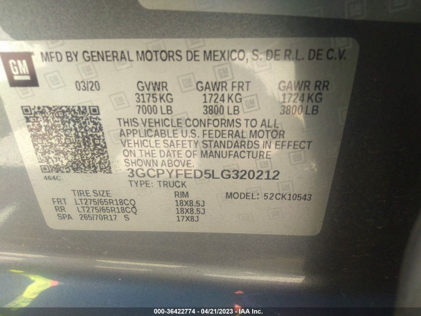 2020 CHEVROLET SILVERADO 1500 LT TRAIL BOSS - 3GCPYFED5LG320212