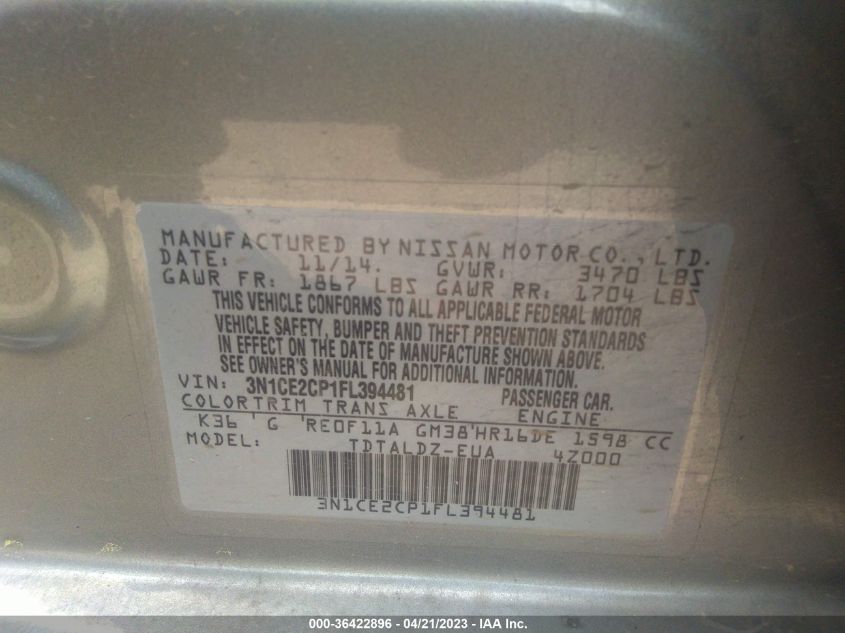 2015 NISSAN VERSA NOTE S/S PLUS/SV/SR/SL - 3N1CE2CP1FL394481