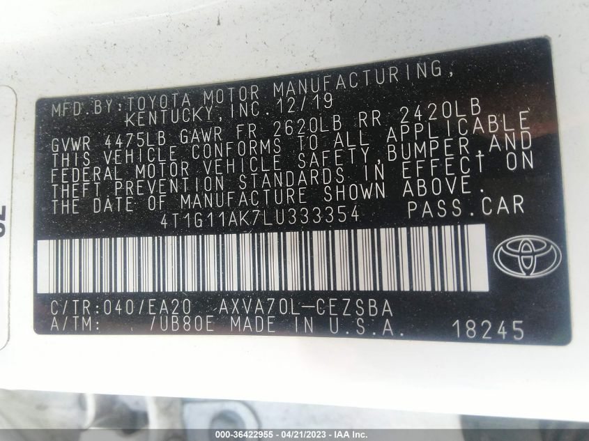2020 TOYOTA CAMRY SE - 4T1G11AK7LU333354