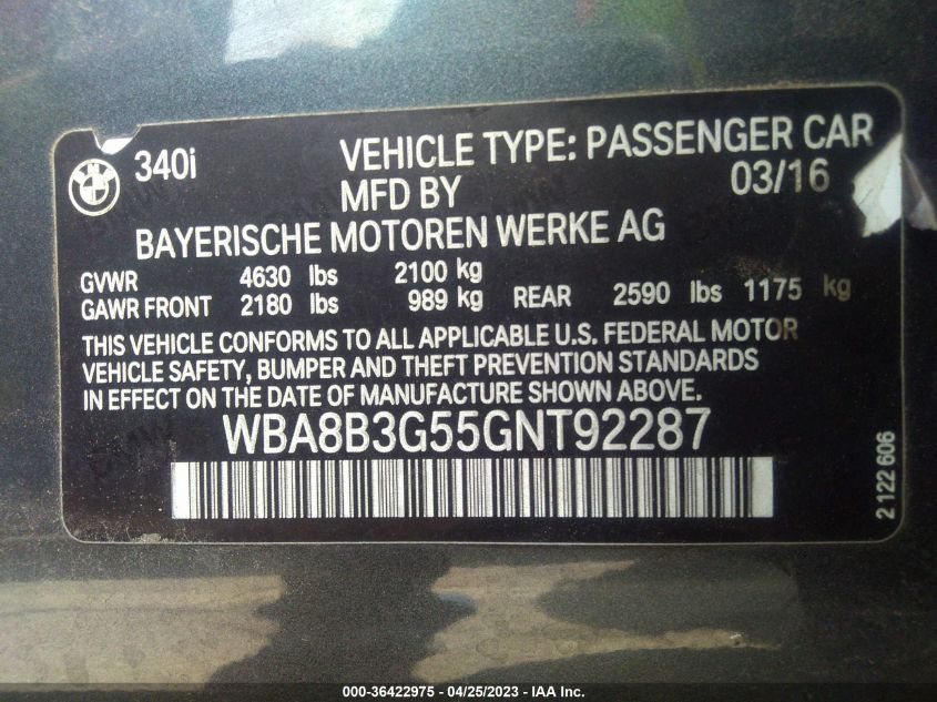 2016 BMW 3 SERIES 340I - WBA8B3G55GNT92287