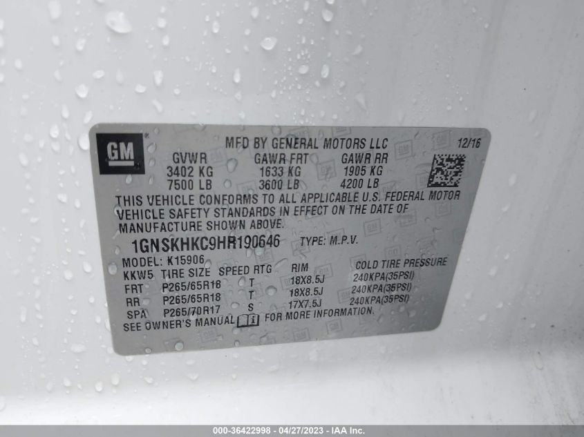 2017 CHEVROLET SUBURBAN LT - 1GNSKHKC9HR190646