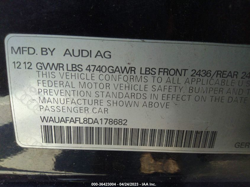 2013 AUDI A4 PREMIUM - WAUAFAFL8DA178682