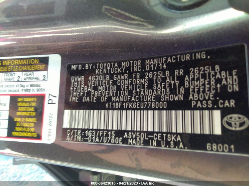 2014 TOYOTA CAMRY L/LE/XLE/SE/SE SPORT - 4T1BF1FK6EU778000
