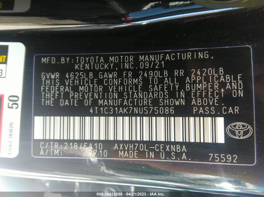 2022 TOYOTA CAMRY HYBRID LE - 4T1C31AK7NU575086