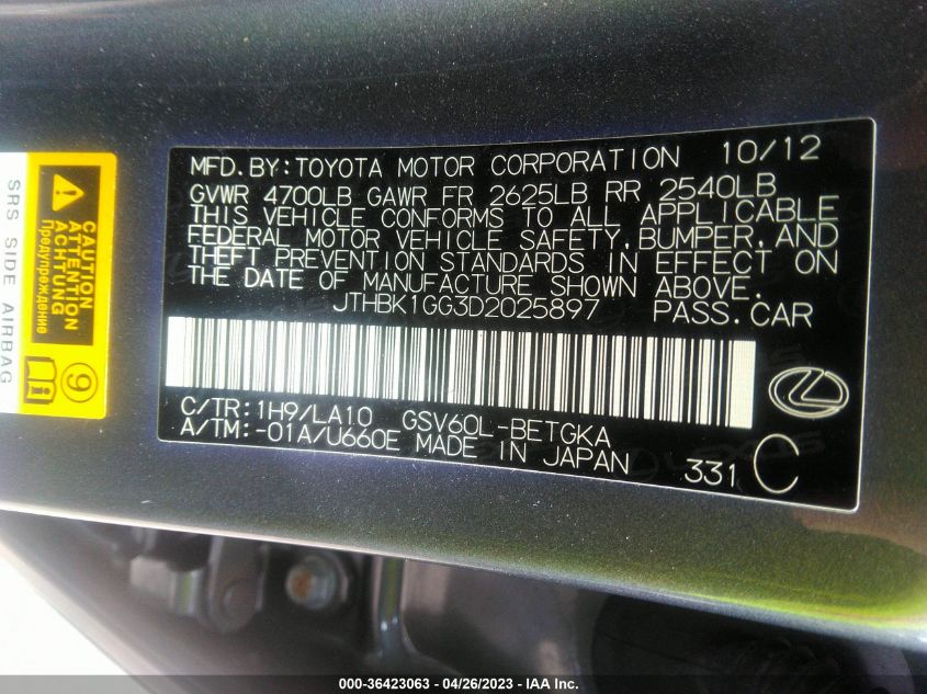 2013 LEXUS ES 350 4DR SDN - JTHBK1GG3D2025897