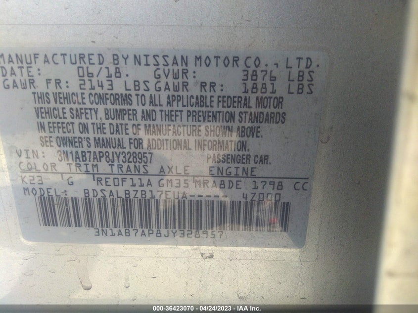 VIN 3N1AB7AP8JY328957 2018 NISSAN SENTRA S