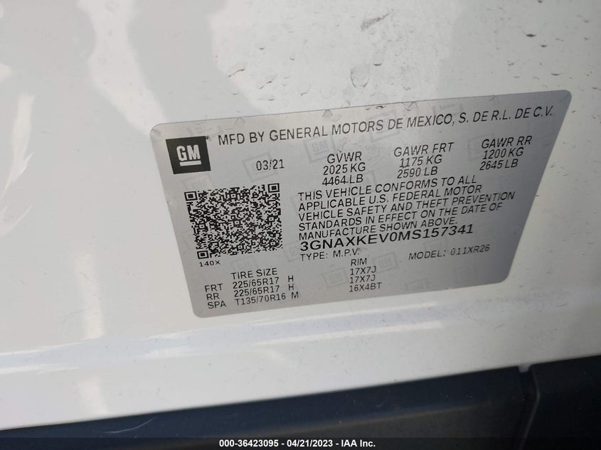 VIN 3GNAXKEV0MS157341 2021 CHEVROLET EQUINOX LT