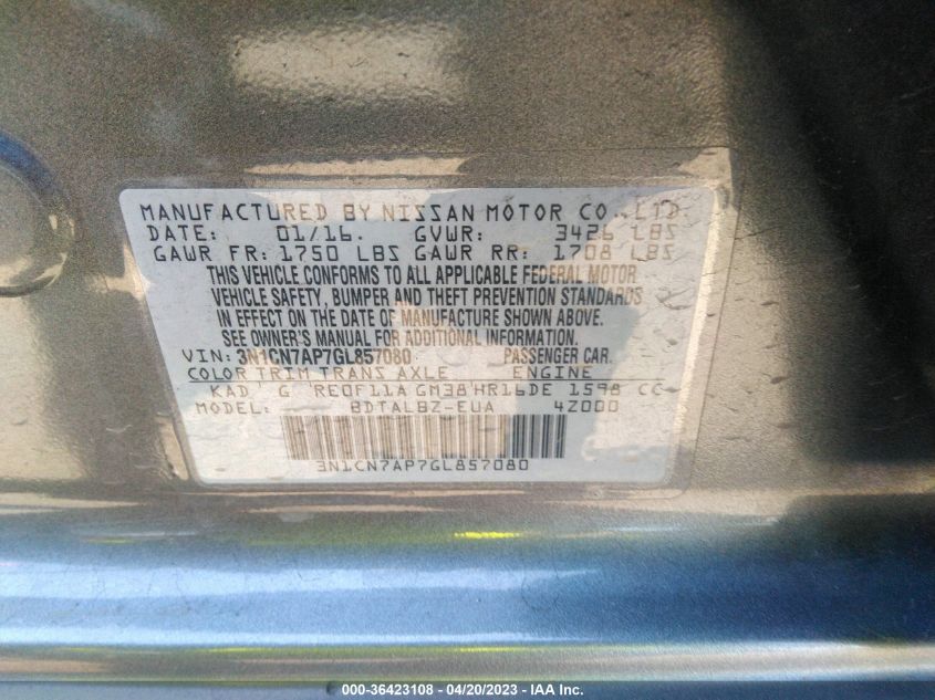 2016 NISSAN VERSA S/S PLUS/SL/SV - 3N1CN7AP7GL857080