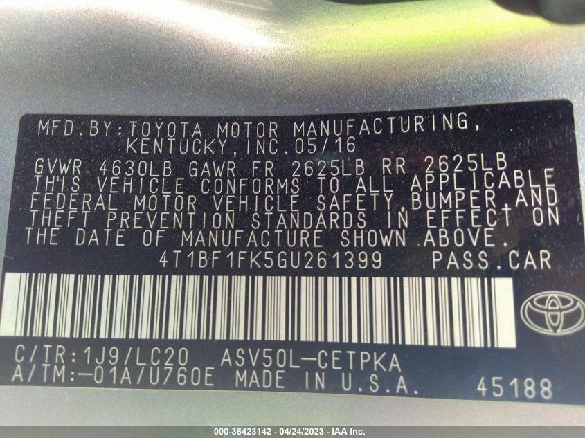 2016 TOYOTA CAMRY SE - 4T1BF1FK5GU261399